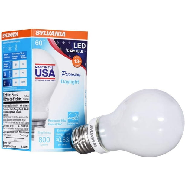 Non-Dimmable A19 LED Light Bulbs Daylight Color 5000K 4 Pack SYLVANIA 40 Watt Equivalent Made in the USA with US and Global Parts Non-Dimmable A19 LED Light Bulbs Daylight Color 5000K 4 Pack SYLVANIA 40 Watt Equivalent Made in the USA with US and Global Parts